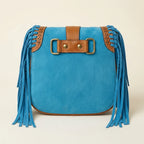 Back panel of Blue bohemian fringe crossbody bag with strap attachments