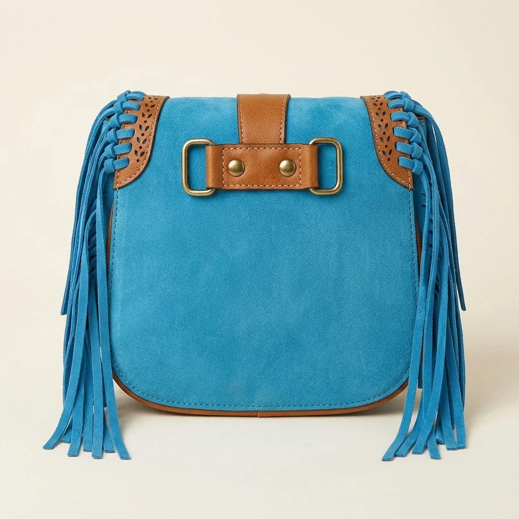 Back panel of Blue bohemian fringe crossbody bag with strap attachments