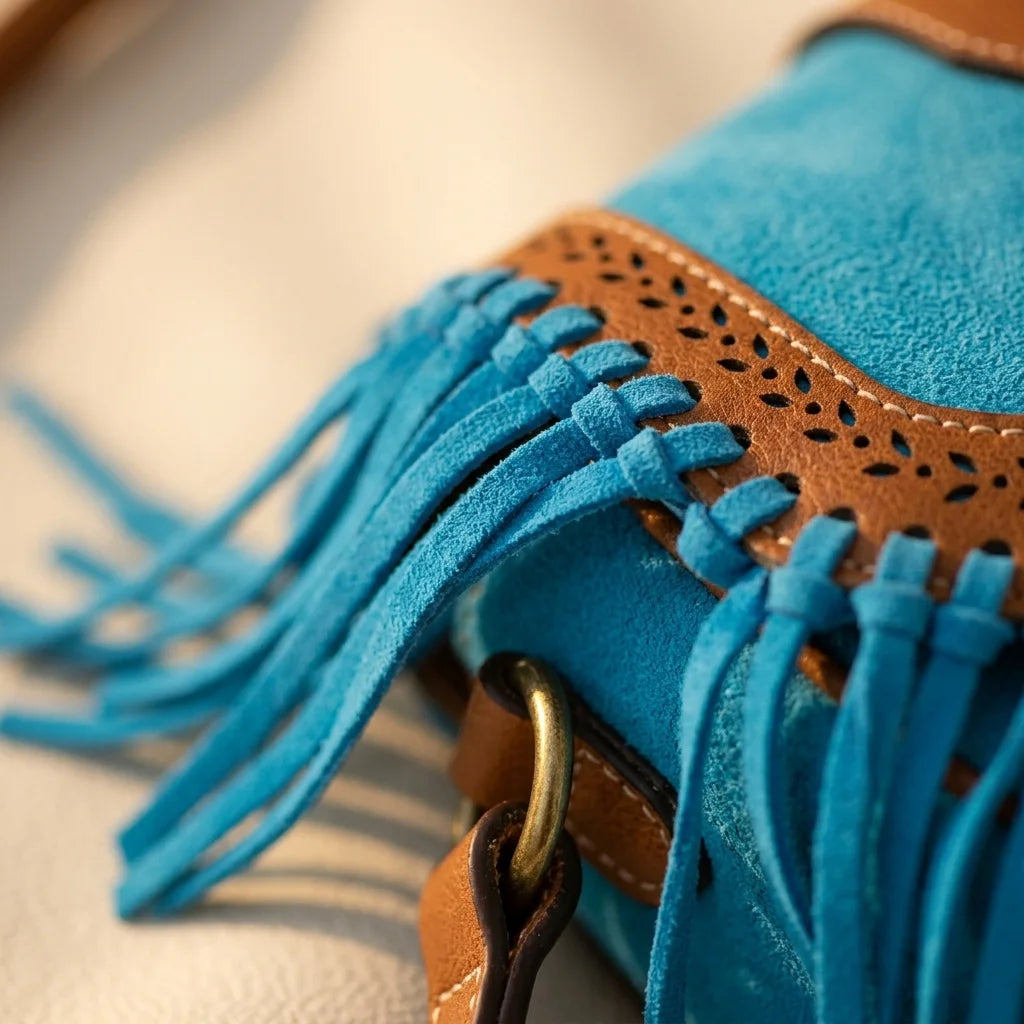 Close-up of fringe stitching and texture on Blue bohemian fringe crossbody bag