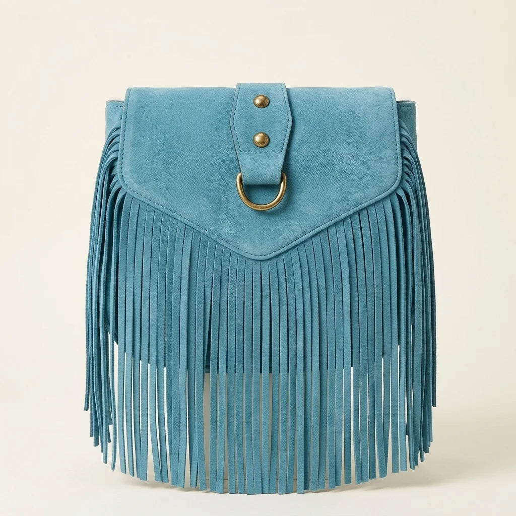 Blue bohemian fringe crossbody bag, front view