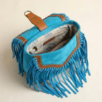 Interior lining and pockets of Blue bohemian fringe crossbody bag