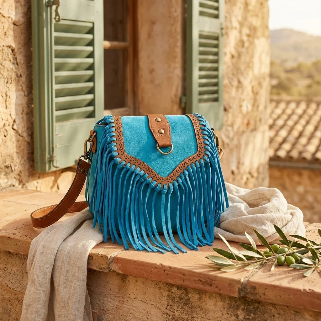 Blue bohemian fringe crossbody bag styled in a warm Mediterranean setting