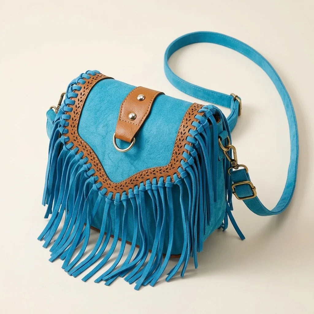 Blue bohemian fringe crossbody bag, three-quarter angle showing side depth