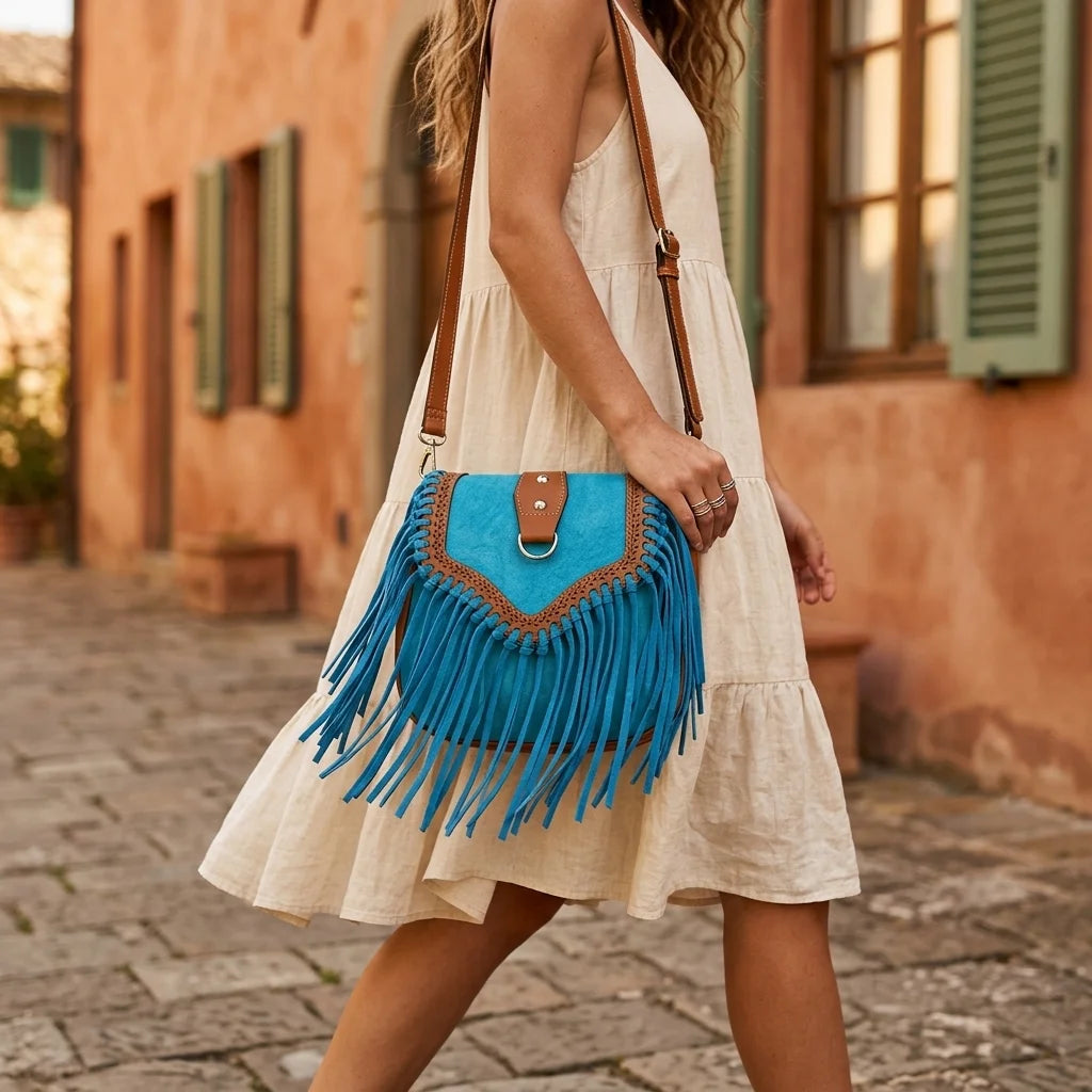 Woman wearing Blue bohemian fringe crossbody bag with swaying fringe