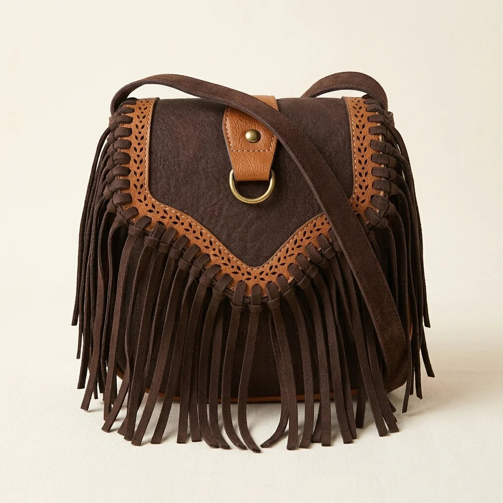 Back panel of Brown bohemian fringe crossbody bag with strap attachments