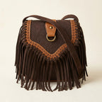 Back panel of Brown bohemian fringe crossbody bag with strap attachments