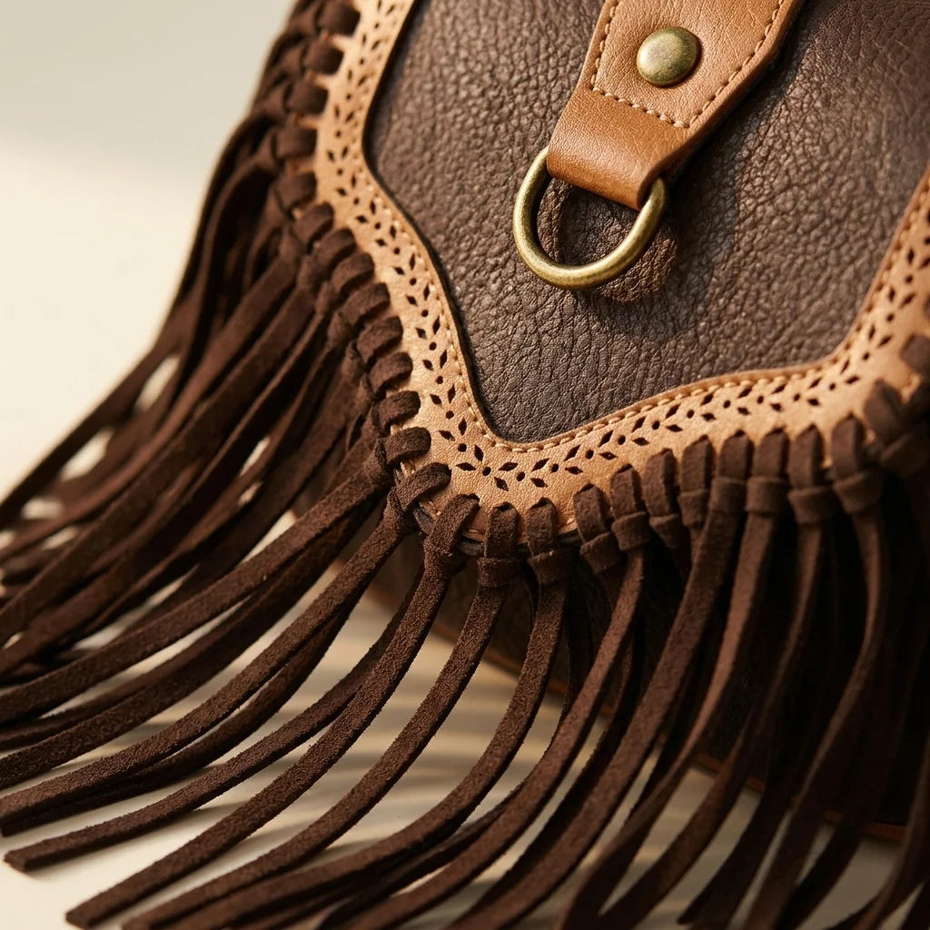 Close-up of fringe stitching and texture on Brown bohemian fringe crossbody bag