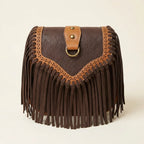 Brown bohemian fringe crossbody bag, front view