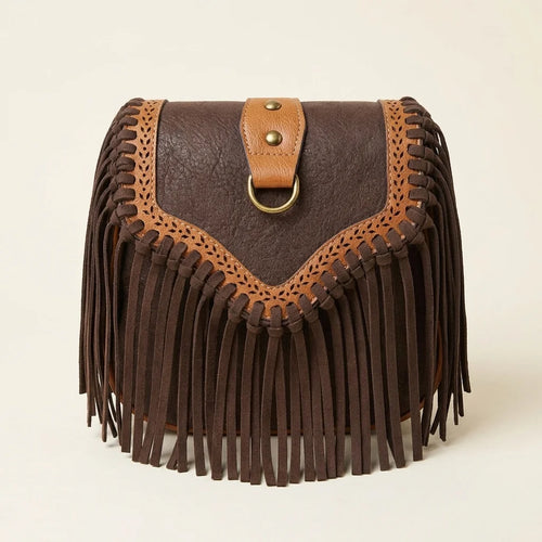 Brown bohemian fringe crossbody bag, front view
