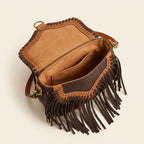 Interior lining and pockets of Brown bohemian fringe crossbody bag
