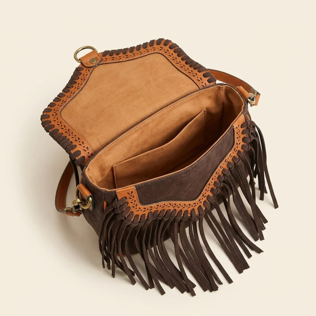 Interior lining and pockets of Brown bohemian fringe crossbody bag