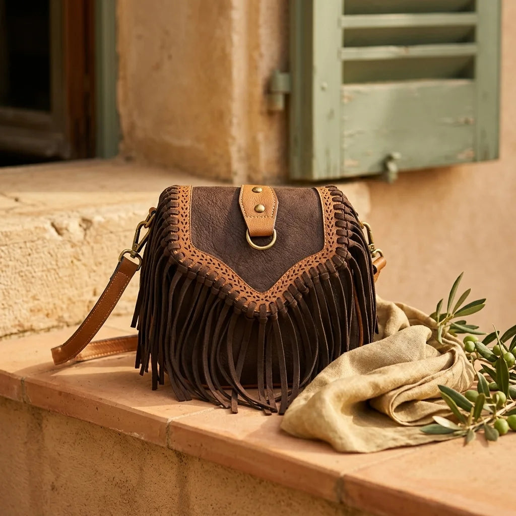 Brown bohemian fringe crossbody bag styled in a warm Mediterranean setting