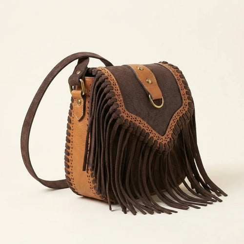 Brown bohemian fringe crossbody bag, three-quarter angle showing side depth