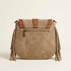 Back panel of Khaki bohemian fringe crossbody bag with strap attachments