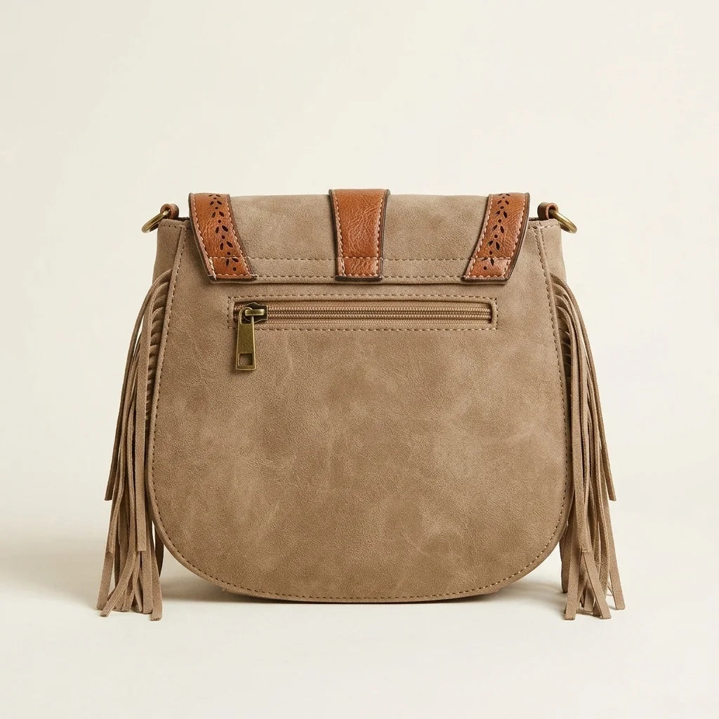 Back panel of Khaki bohemian fringe crossbody bag with strap attachments
