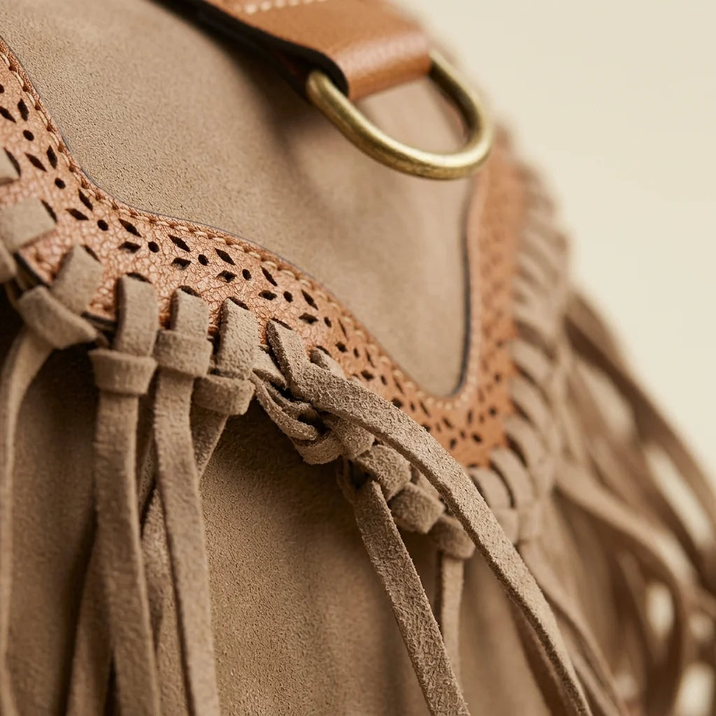 Close-up of fringe stitching and texture on Khaki bohemian fringe crossbody bag