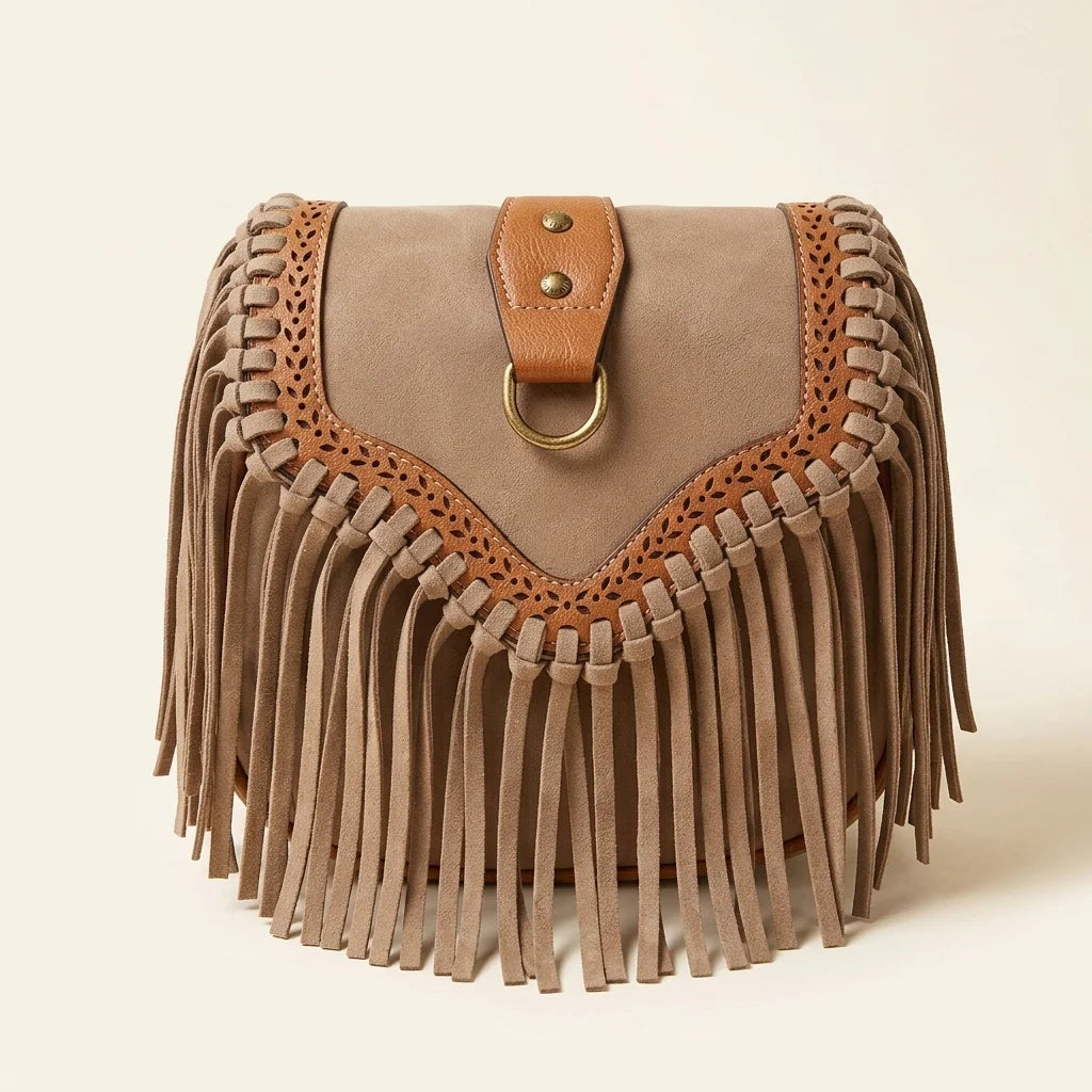 Khaki bohemian fringe crossbody bag, front view