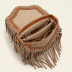 Interior lining and pockets of Khaki bohemian fringe crossbody bag