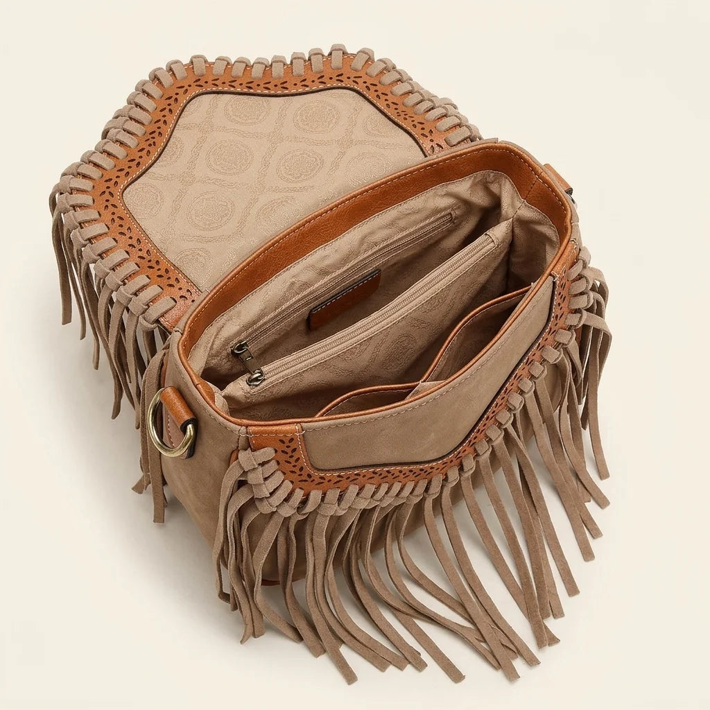 Interior lining and pockets of Khaki bohemian fringe crossbody bag