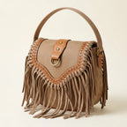 Khaki bohemian fringe crossbody bag, three-quarter angle showing side depth