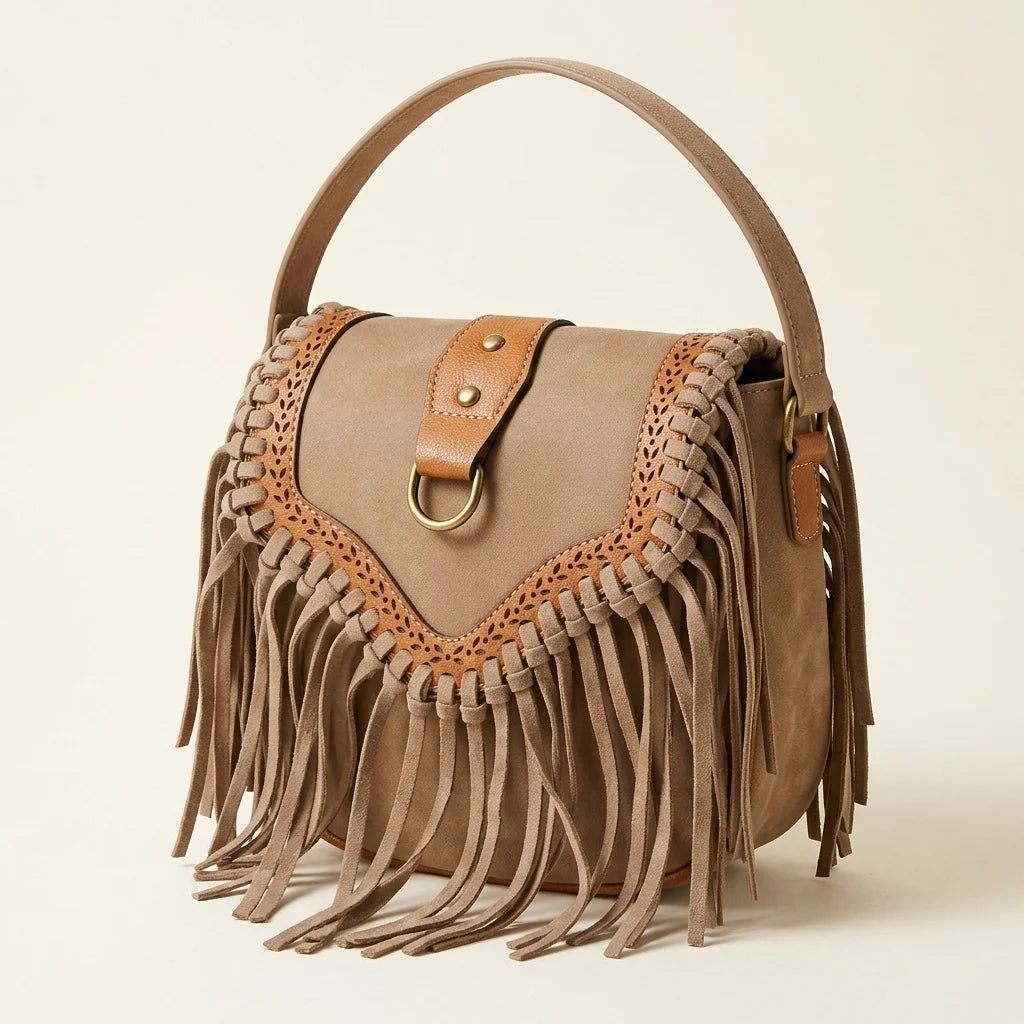 Khaki bohemian fringe crossbody bag, three-quarter angle showing side depth