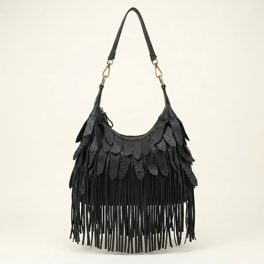 Black bohemian tassel fringe bag, front view