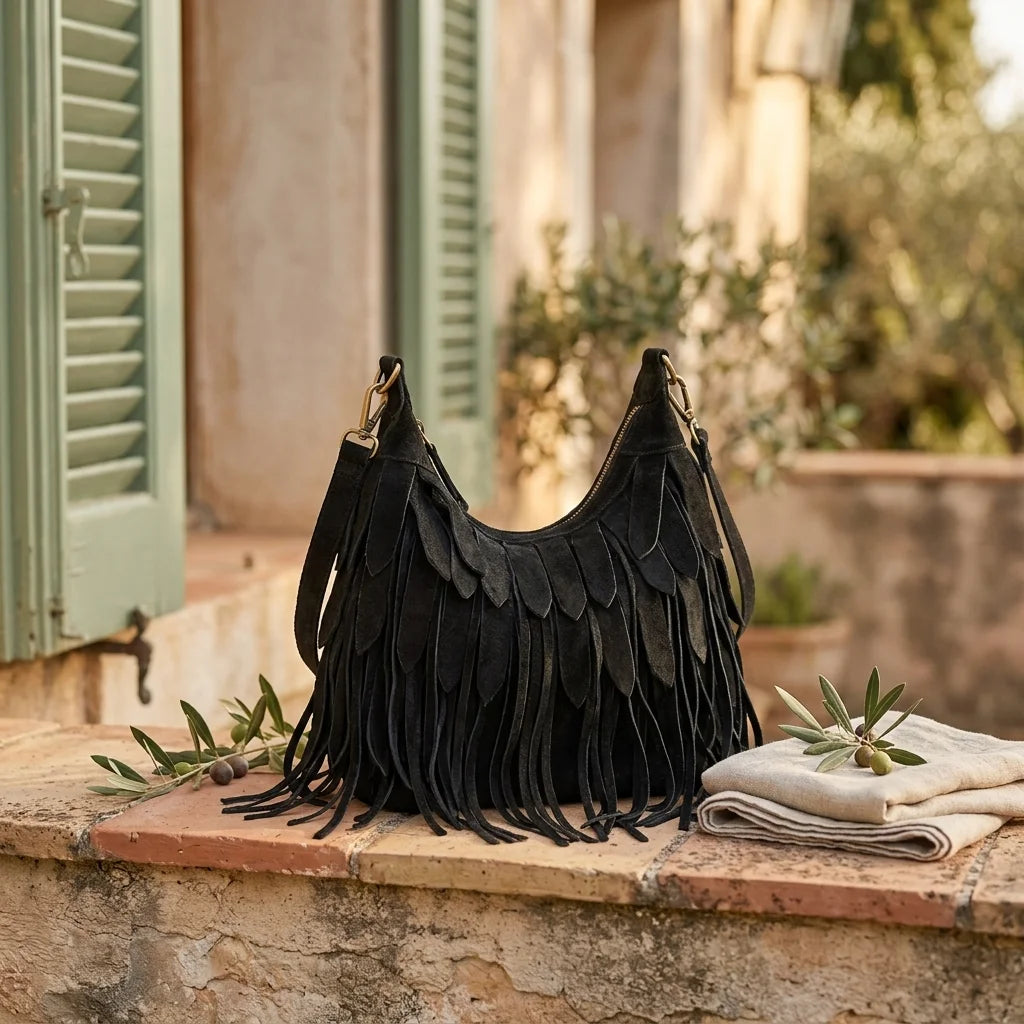 Black bohemian tassel fringe bag styled in a warm Mediterranean setting