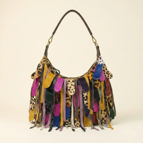 Multicolor bohemian tassel fringe bag, front view