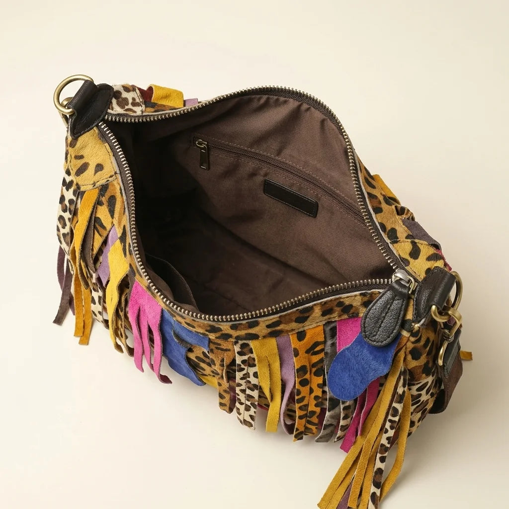 Interior lining and pockets of Multicolor bohemian tassel fringe bag