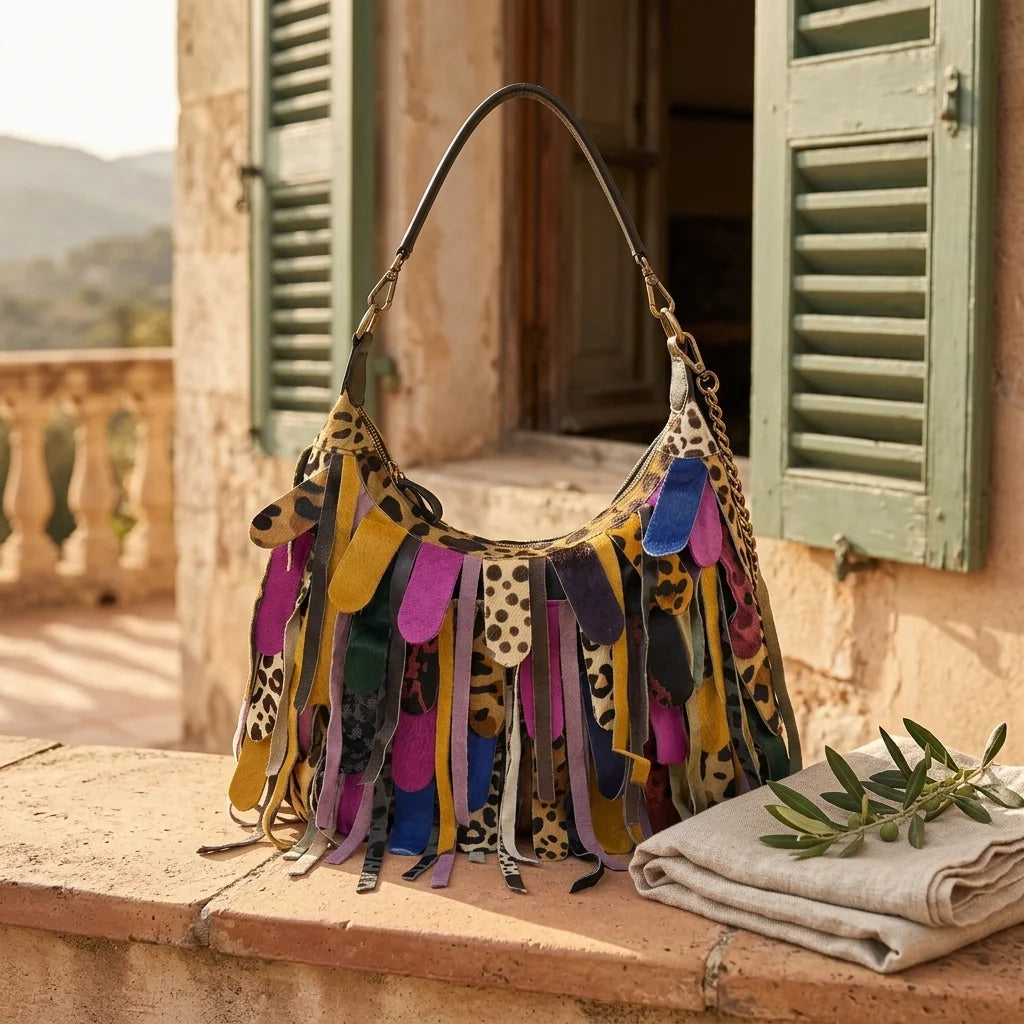 Multicolor bohemian tassel fringe bag styled in a warm Mediterranean setting
