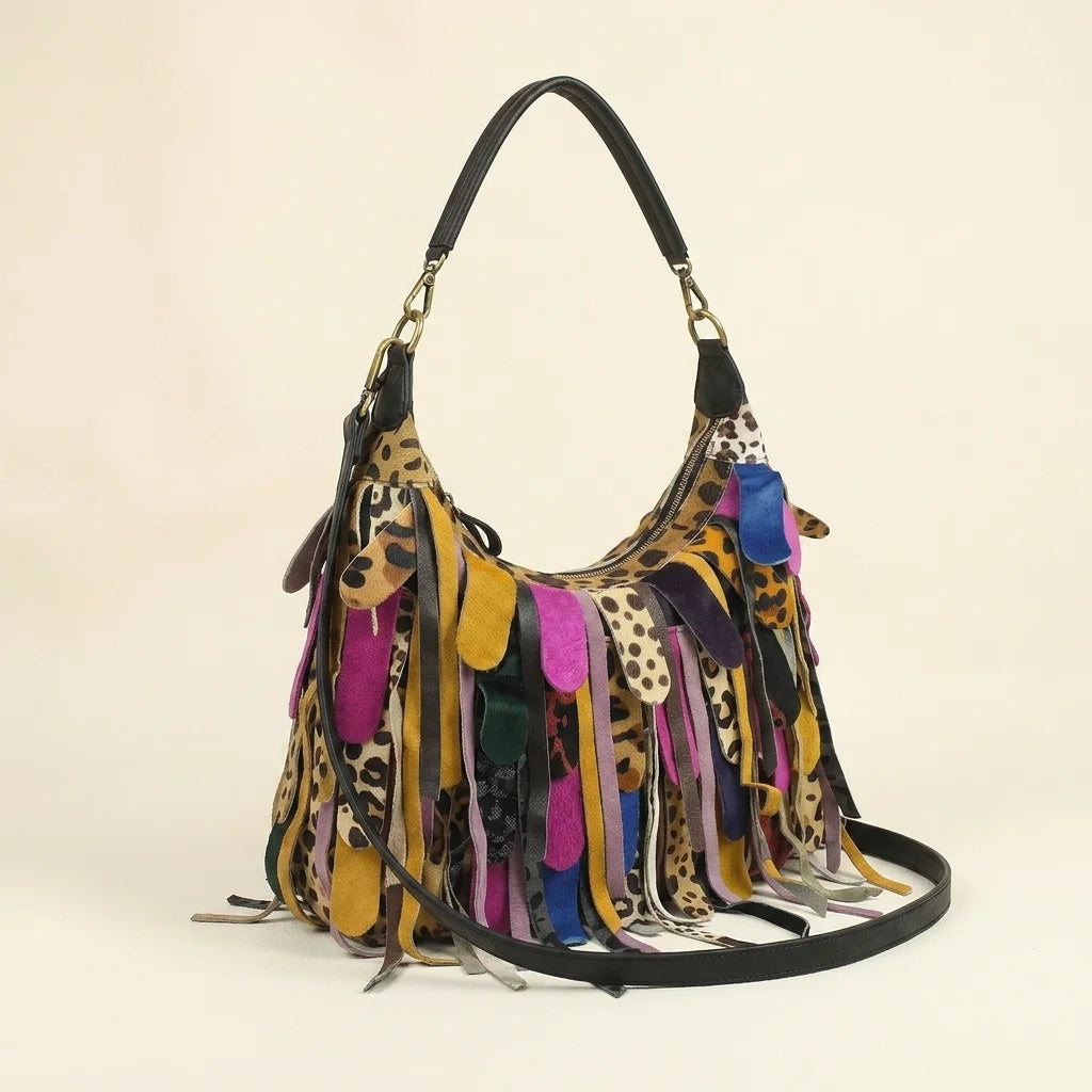 Multicolor bohemian tassel fringe bag, three-quarter angle showing side depth