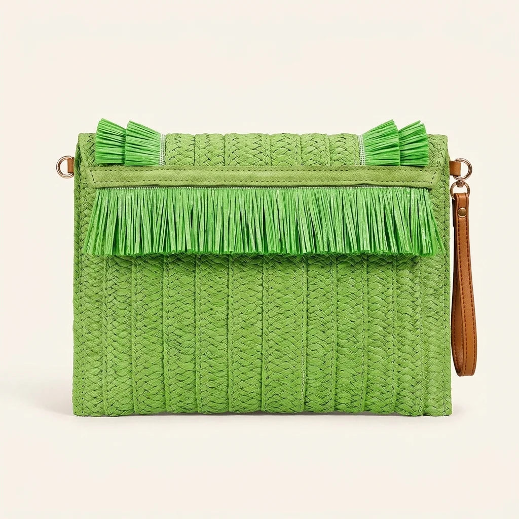 Back panel of Green boho fringe bag clutch with strap attachments