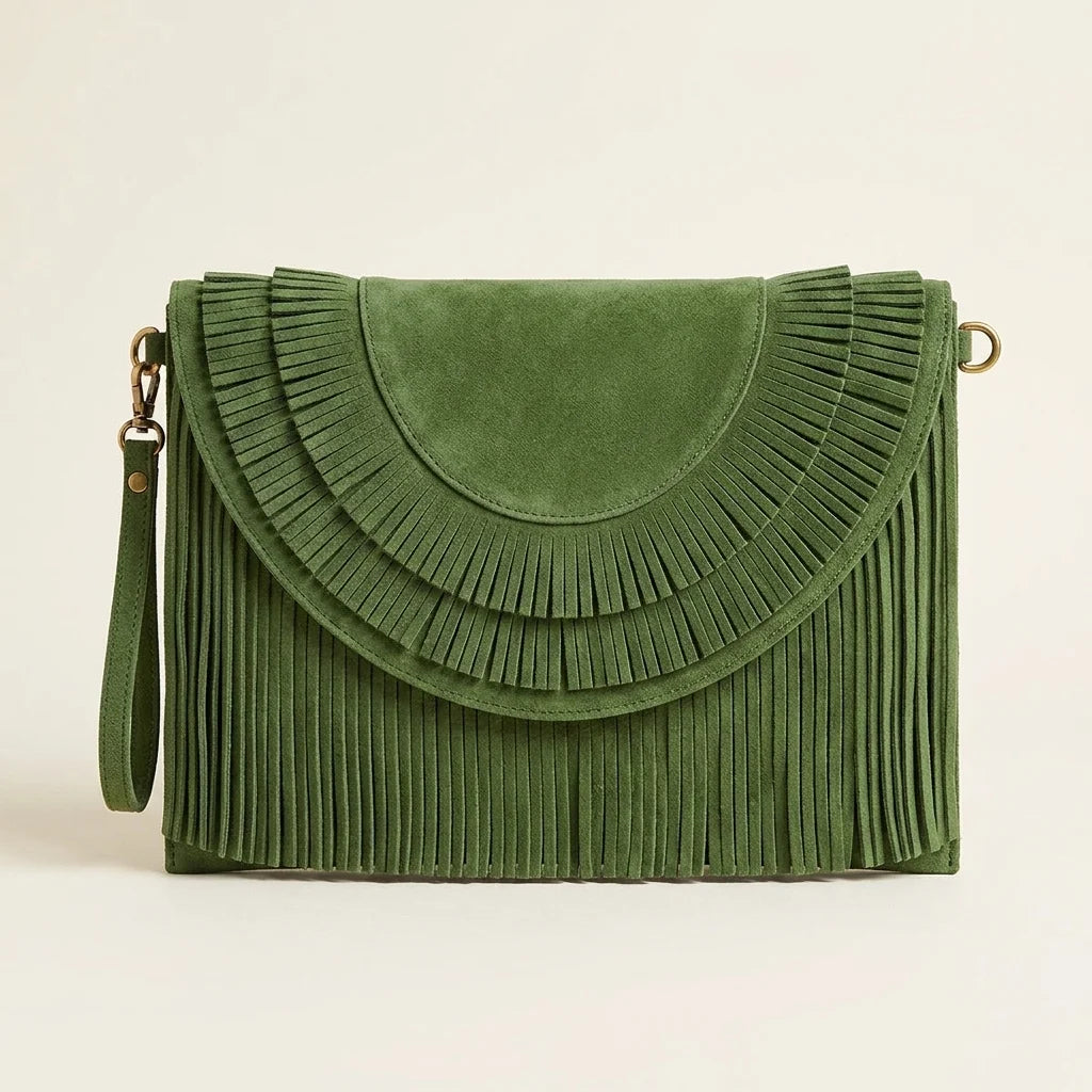 Green boho fringe bag clutch, front view
