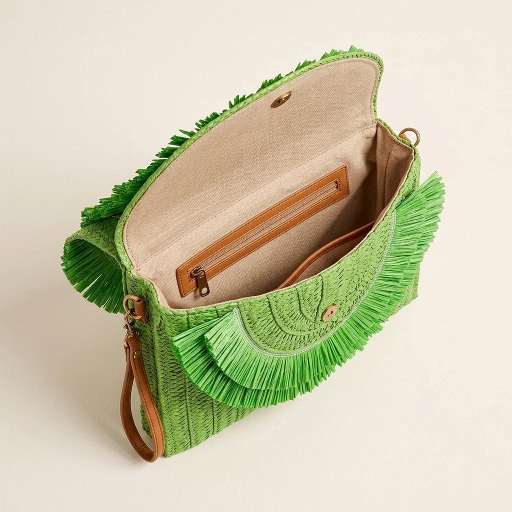 Interior lining and pockets of Green boho fringe bag clutch