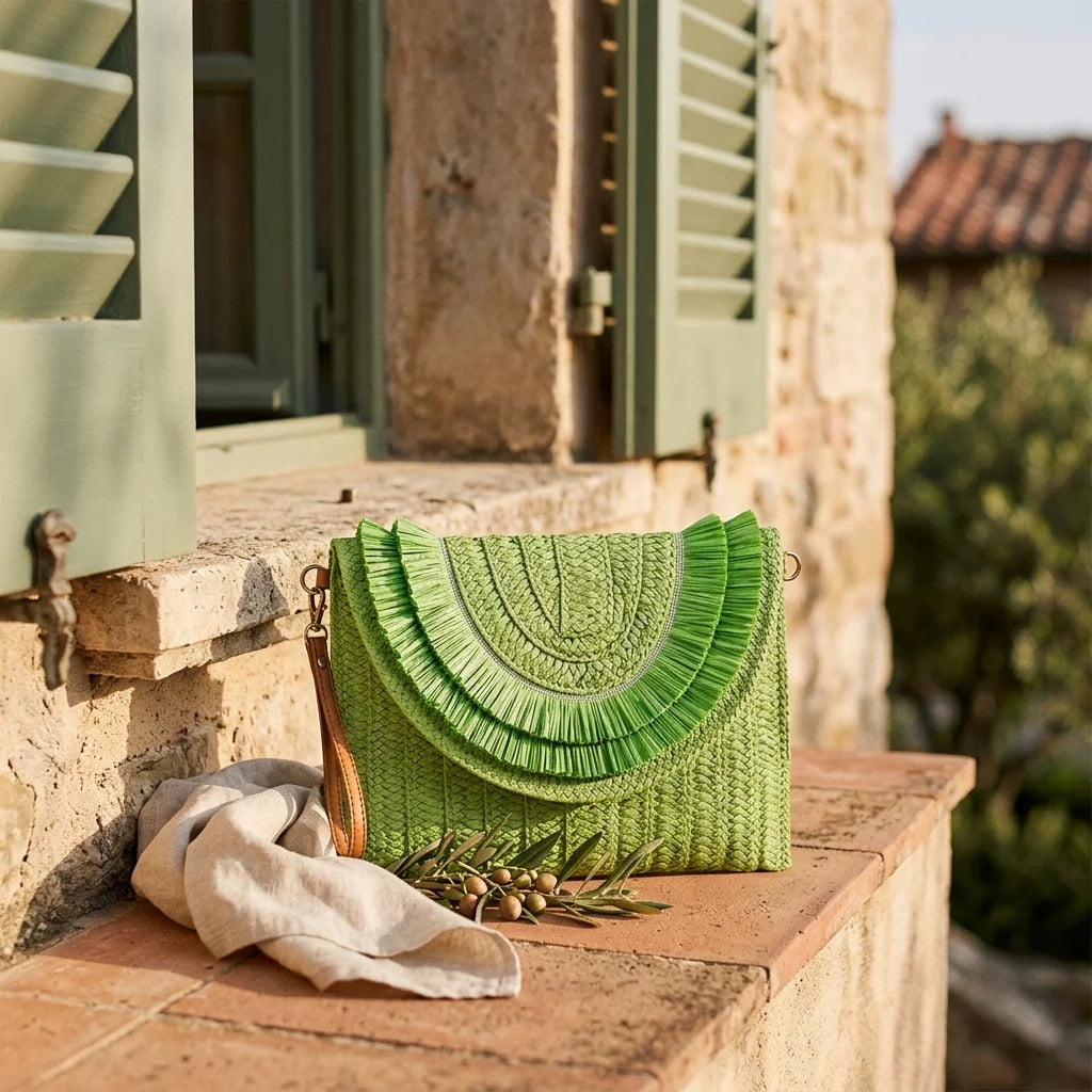 Green boho fringe bag clutch styled in a warm Mediterranean setting