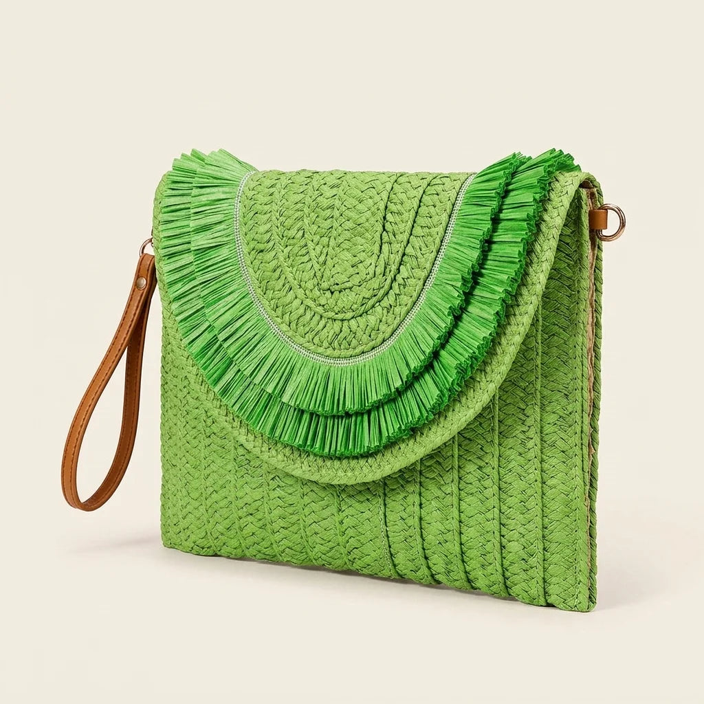Green boho fringe bag clutch, three-quarter angle showing side depth