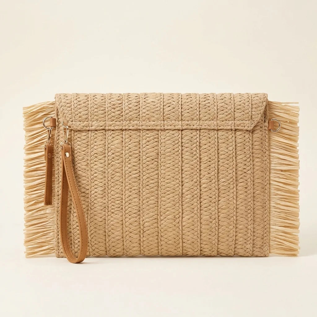 Back panel of Khaki boho fringe bag clutch with strap attachments