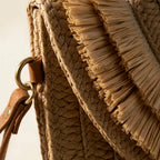 Close-up of fringe stitching and texture on Khaki boho fringe bag clutch