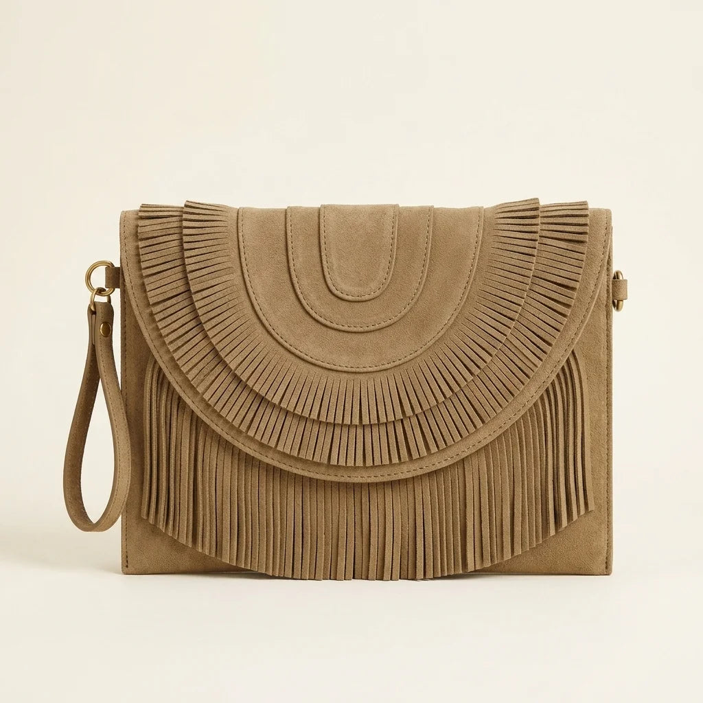 Khaki boho fringe bag clutch, front view