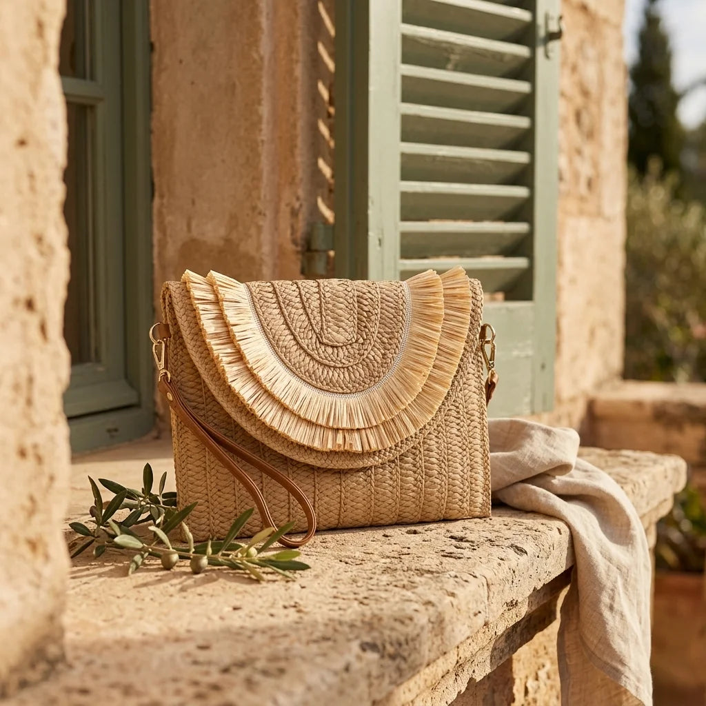 Khaki boho fringe bag clutch styled in a warm Mediterranean setting