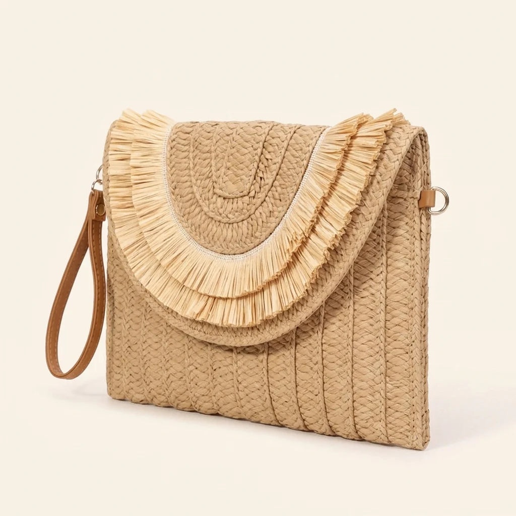 Khaki boho fringe bag clutch, three-quarter angle showing side depth