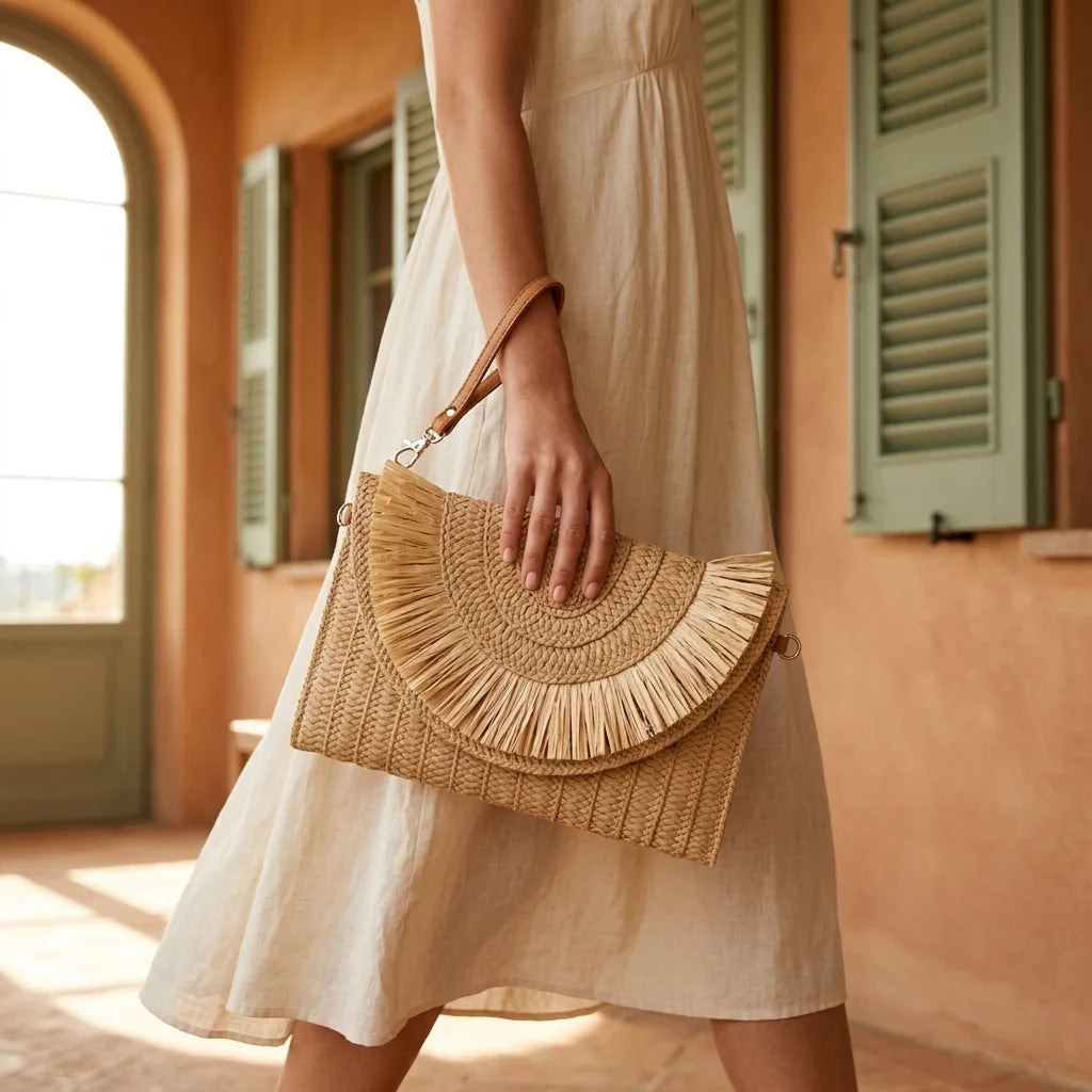 Woman wearing Khaki boho fringe bag clutch with swaying fringe