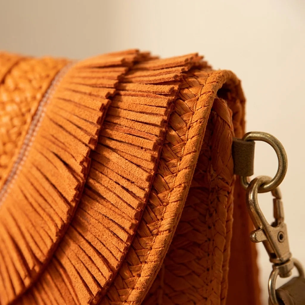 Close-up of fringe stitching and texture on Orange boho fringe bag clutch