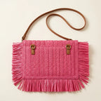 Back panel of Pink boho fringe bag clutch with strap attachments