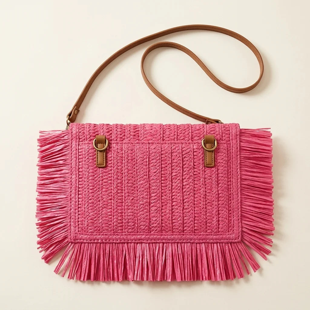 Back panel of Pink boho fringe bag clutch with strap attachments