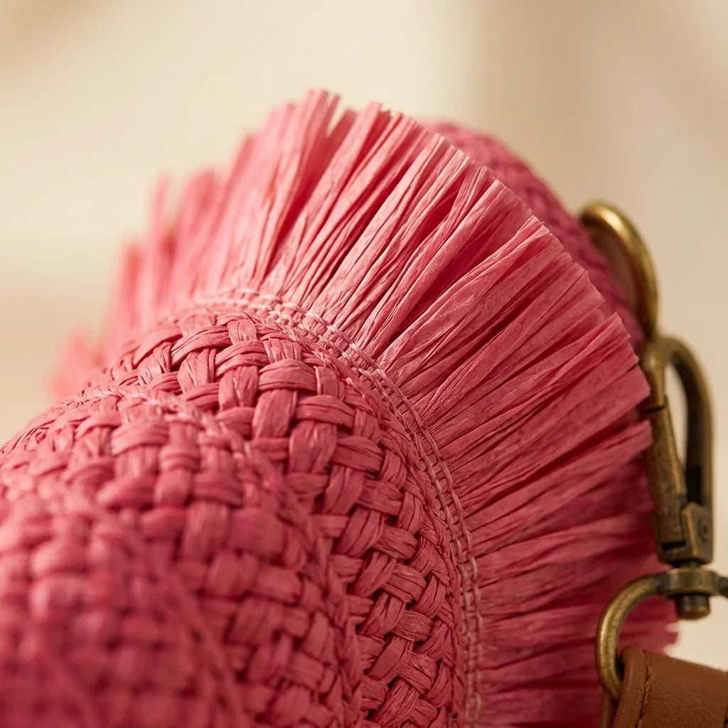 Close-up of fringe stitching and texture on Pink boho fringe bag clutch