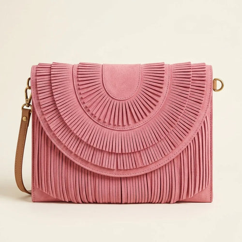 Pink boho fringe bag clutch, front view