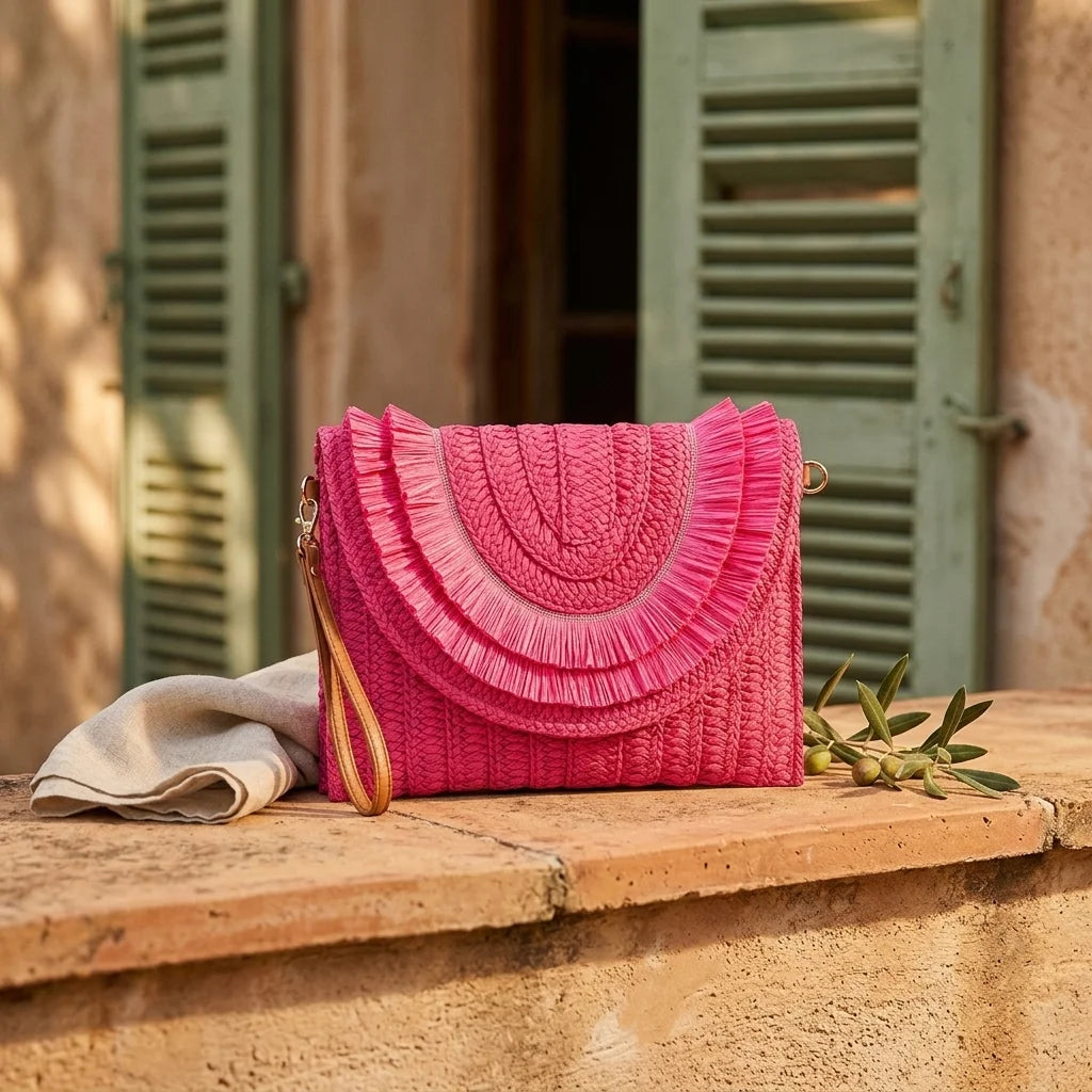 Pink boho fringe bag clutch styled in a warm Mediterranean setting