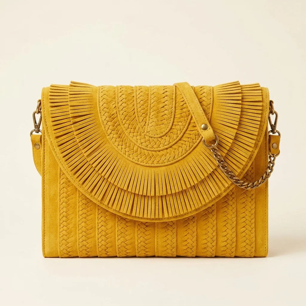 Yellow boho fringe bag clutch, front view