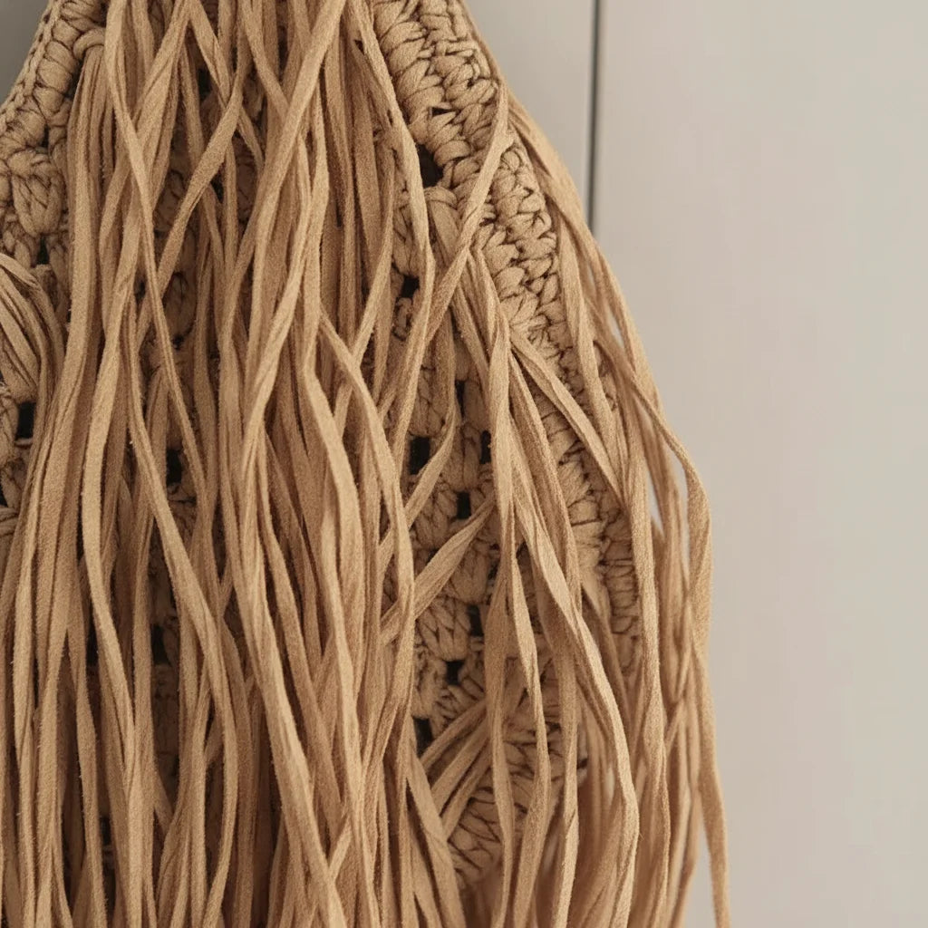 Close-up of fringe stitching and texture on Tan boho fringe hobo bag